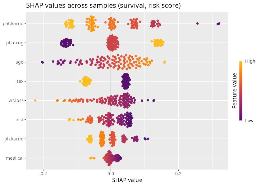 Figure 6. SHAP values of a survival model. Positive values push the prediction towards a higher risk.